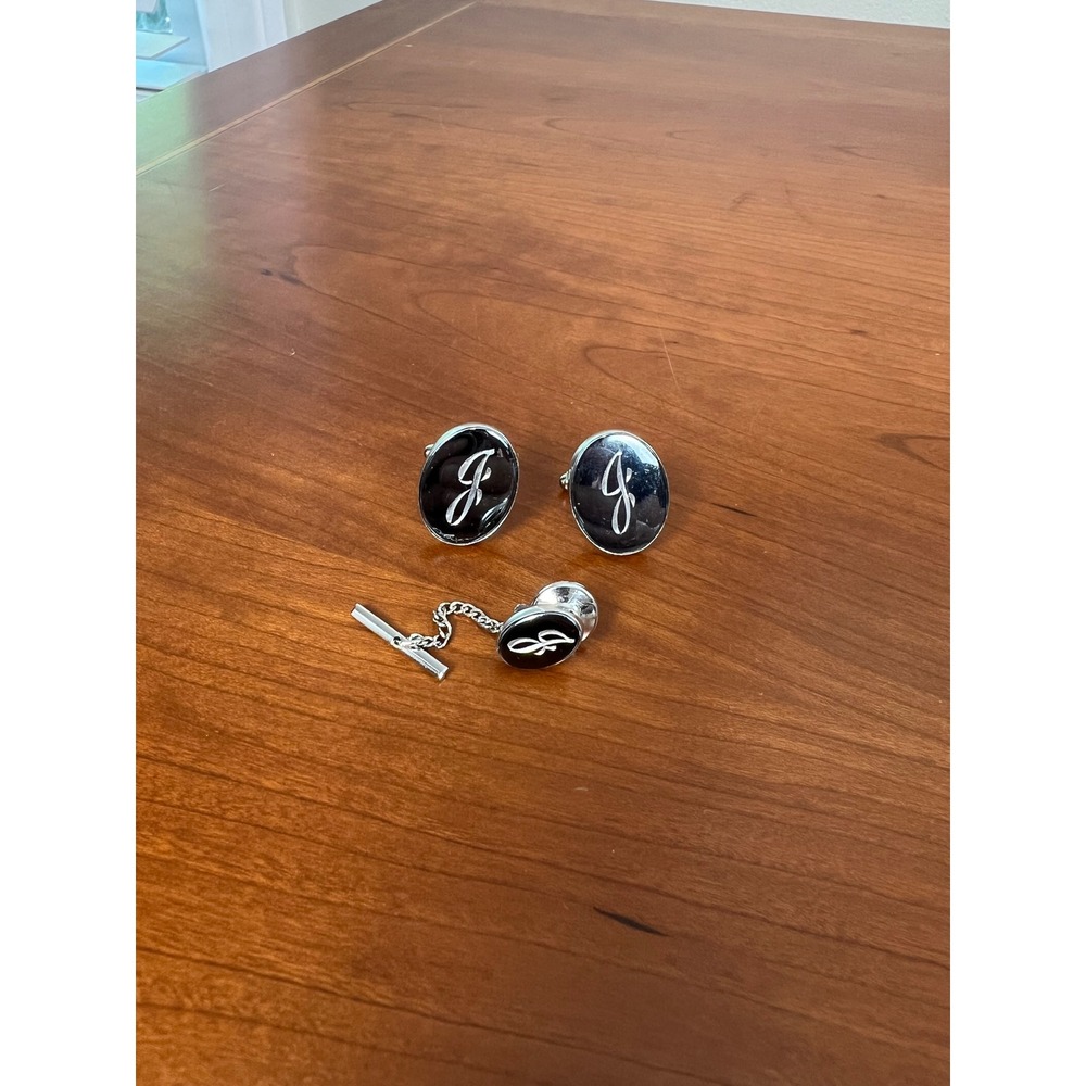 Vintage Silver Engraved Letter J Cufflink and Tie Tack Set Mens Formal Jewelry